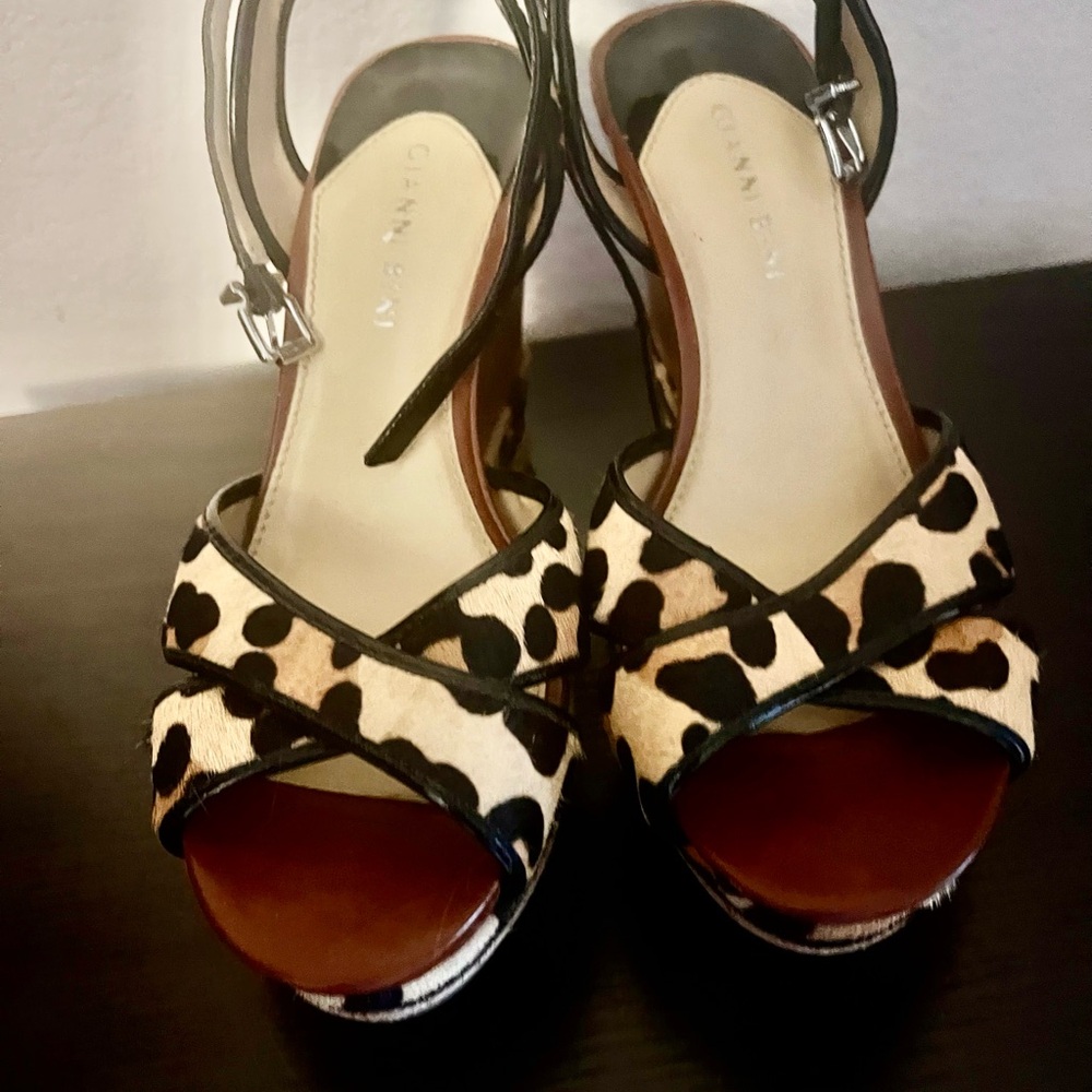 Gianni Bini Wedges Leopard Calf Hair Animal Print Sandals pre owned